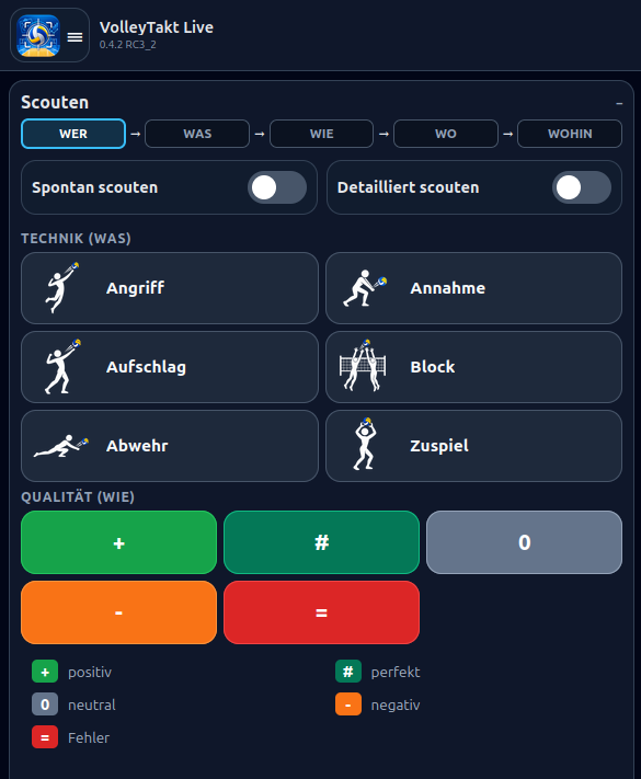 Scouting-Oberfläche von VolleyTakt Live 0.4.2 mit Schalter Spontan scouten