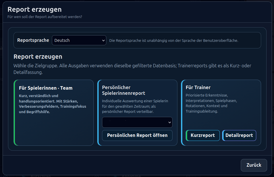 Reportauswahl mit Reportsprache in VolleyTakt Live 0.4.2